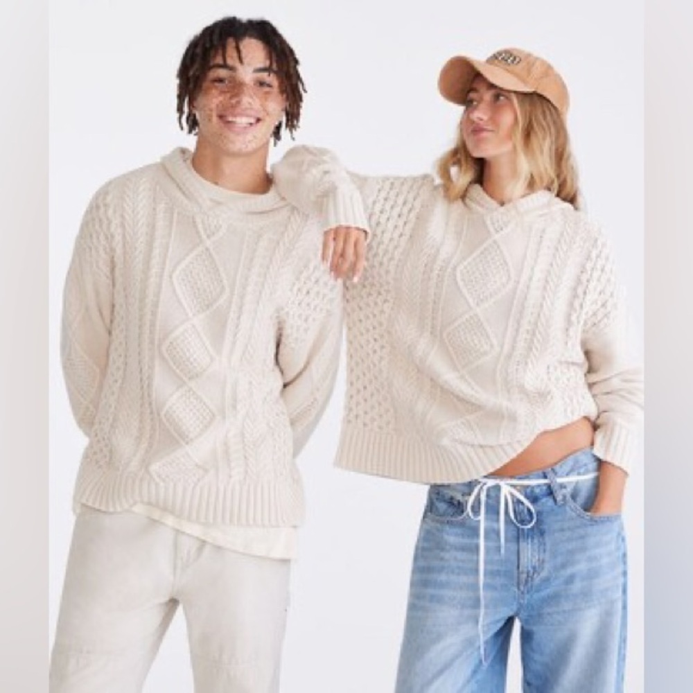 Aeropostale Oversized Hooded Cable Sweater Cream White Size Small Cotton